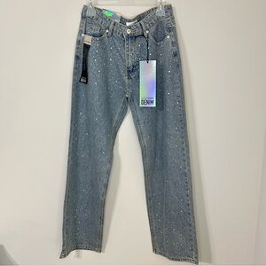 Light Blue Wide Leg LOVE SOHO Denim Pants with Rhinestones